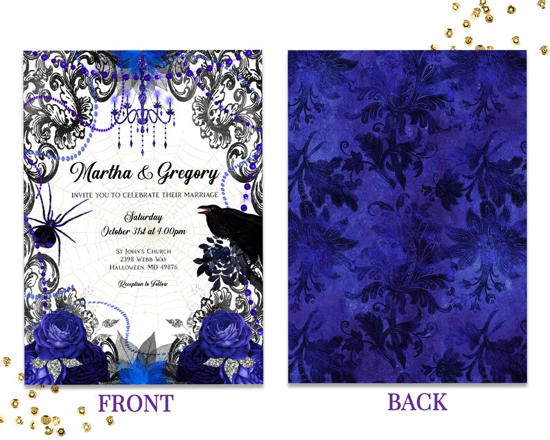 May include: A Halloween-themed wedding invitation with a front and back design. The front features a spider, raven, and floral accents in black and blue, with the names "Martha & Gregory" and event details. The back has a blue floral pattern.