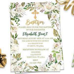 Editable Baptism Invitation Girl Christening Invite Digital White Floral Watercolor Baptism Invitation File Download Template, ID133