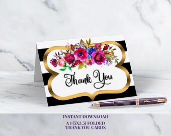 Black and White Striped Thank You Card, Downloadable Invites, Stripes and Flowers Birthday ID102