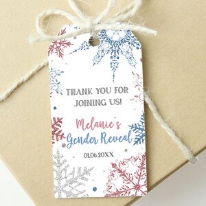 Winter Gender Reveal Favor Tags A Little Snowflake is on the Way Editable Favor Tag Winter Baby Shower Printable Boy or Girl ID208