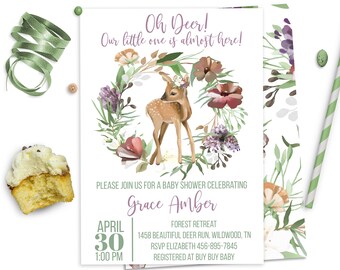 Oh Deer Baby Shower Invitation Deer Shower Invite Autumn Baby Shower Forest Baby Shower Rustic Baby Shower Invites Watercolor Deer, ID164