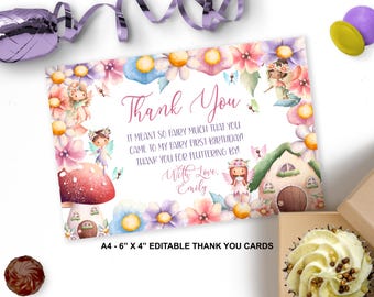 Fairy First Birthday Thank You Cards  Editable Fairy 1st Birthday Thank You Note Cards Enchanted Fairy Garden Party ID196