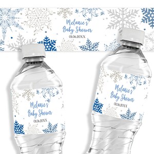 Editable Snowflake Water Bottle Label Boys Winter Baby Shower,  ID206