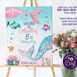 Editable Mermaid Birthday Welcome Sign Mermaid Birthday Party Decorations Under the Sea Girls Birthday Party Watercolor Mermaid Tails ID101