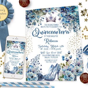 Blue and Gold Quinceanera Invitations Blue Roses Quince Invite Template and Digital Quince Evite Sweet 15 Birthday ID230