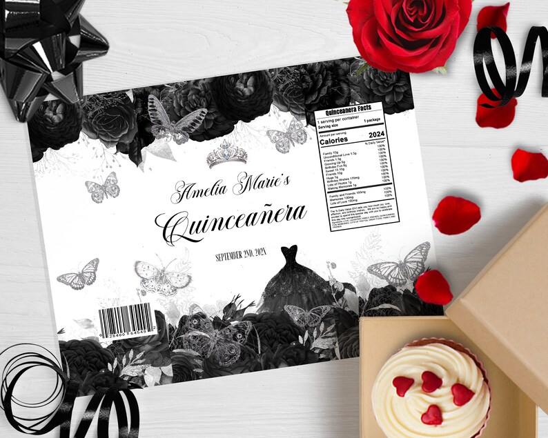 May include: Black and white Quincea&ntilde;era party favour wrapper with a black and white floral design, butterflies, and a crown. The wrapper says "Amelia Marie's Quincea&ntilde;era" and "September 2nd, 2024".