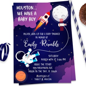 Editable Space Baby Shower Invitation Astronaut Rocket It's a Boy Space Ship Boy Blue Invitation Template Instant Download Corjl, ID159