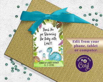 May include: A green and white thank you tag with a dinosaur illustration. The tag says "Thank You for Showering Our Baby with Love!!!" and "JENNIFER'S BABY SHOWER 11-5-20XX".