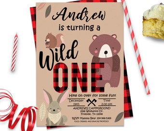 Red and Black Buffalo Plaid Woodland 1st Birthday Forest Animals Bear Lumberjack First Birthday Fall Birthday Invite, ID142