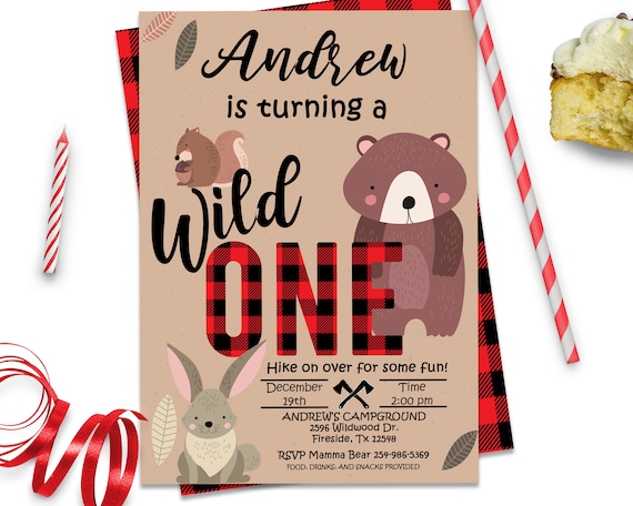 Red and Black Buffalo Plaid Woodland 1st Birthday Forest Animals Bear Lumberjack First Birthday Fall Birthday Invite, ID142