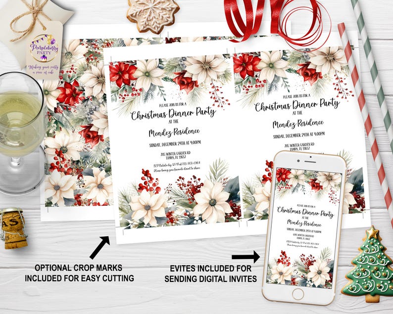Editable Poinsettia Christmas Party Invitation Xmas Invitation Holiday Evite Classy Christmas Gift Exchange Party Family Gathering ID257 image 6