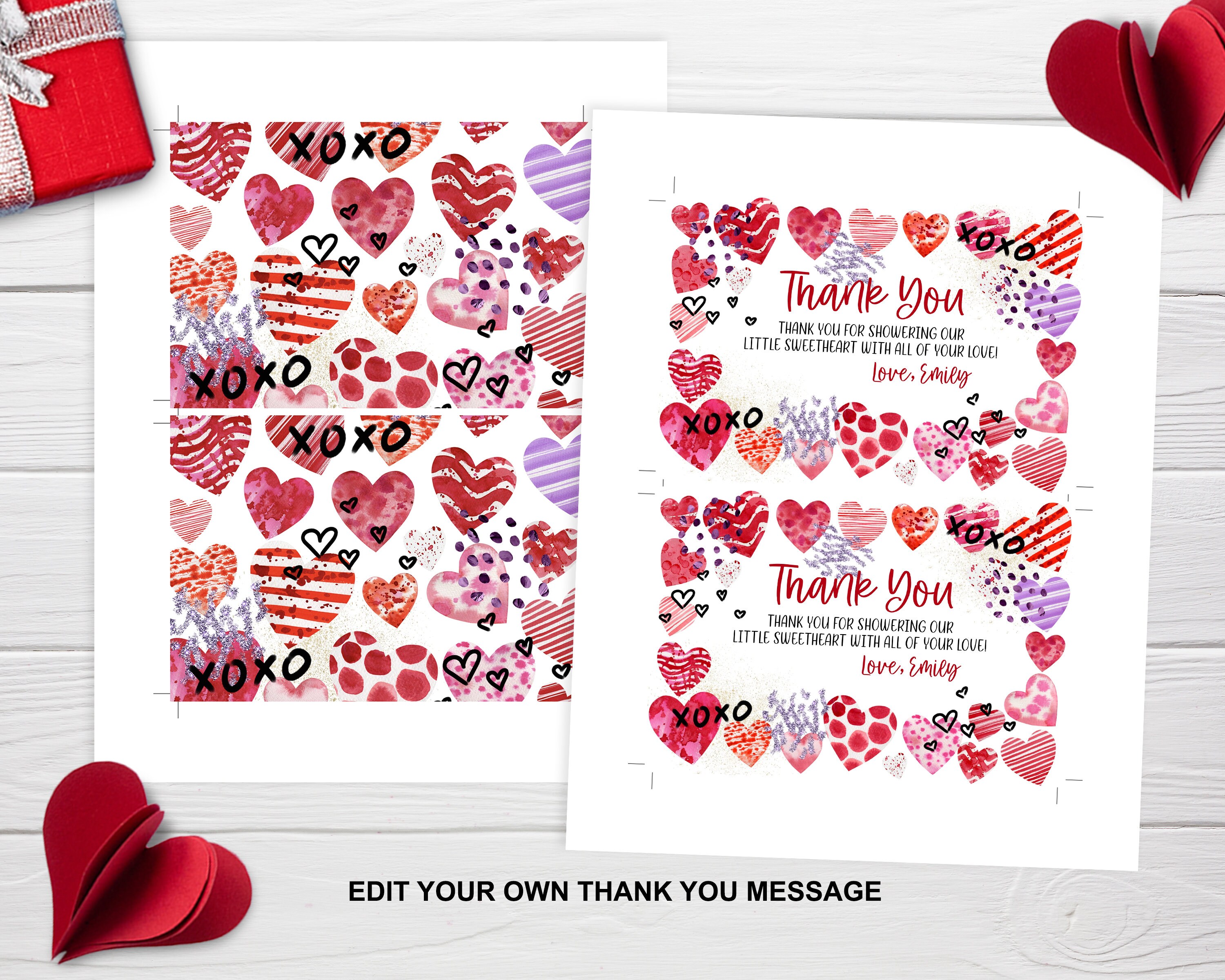 Editable Valentines Day Thank You Cards Heart Baby Shower Thank You ...