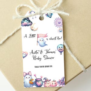 Halloween Ghost Baby Shower Favor Thank You Tags for Guests A Little Boo is Almost Due Baby Shower Favor Tags Corjl Template Digital ID281