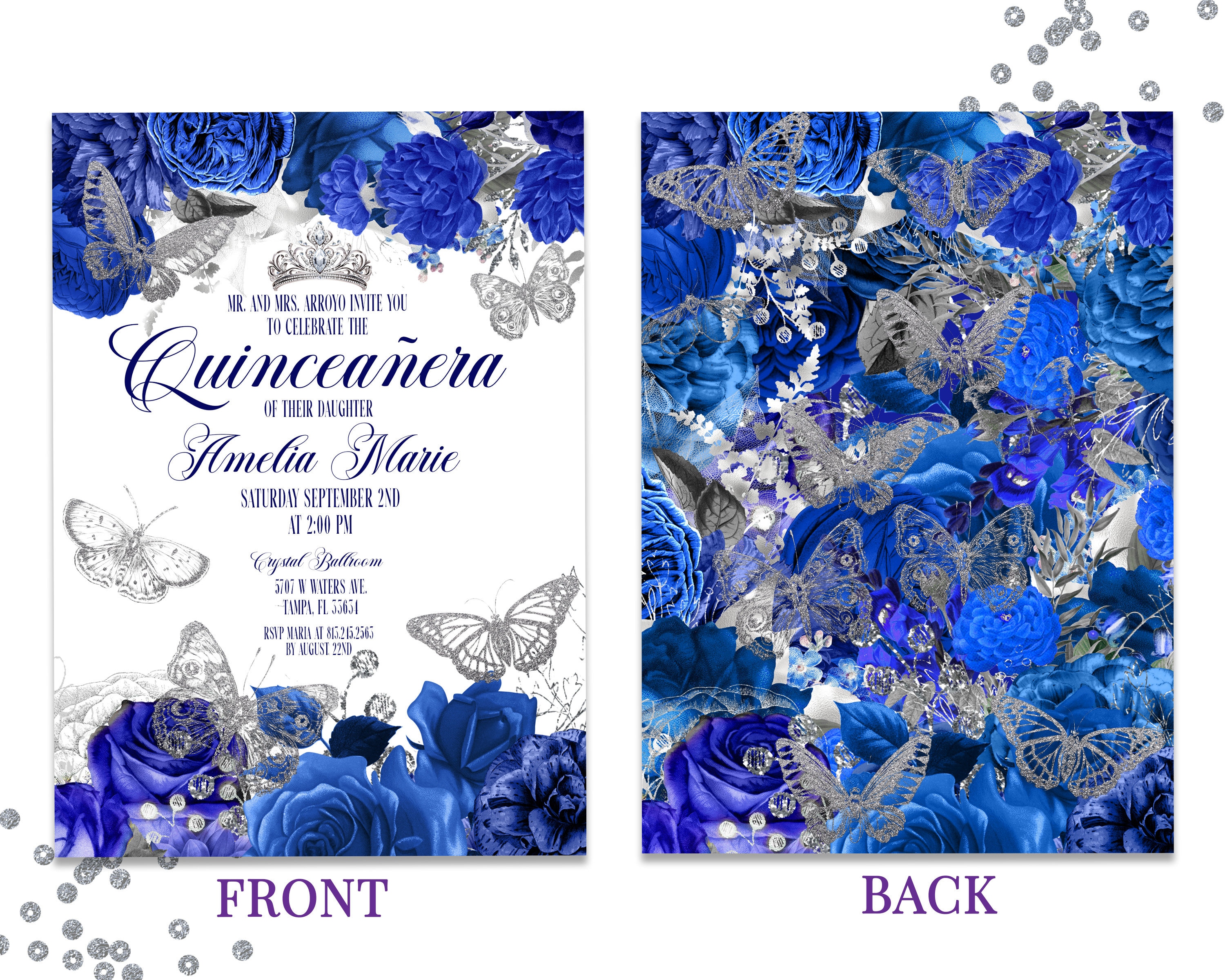 Royal Blue Quinceanera Invitations Blue Roses and Silver Butterflies