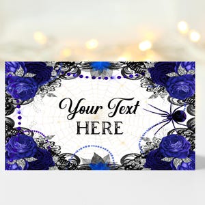 Marque-places modifiables pour mariage gothique bleu royal Cartes de nourriture pour table de mariage gothique floral bleu royal Thème gothique Décoration de table gothique pour mariage de sorcière ID190