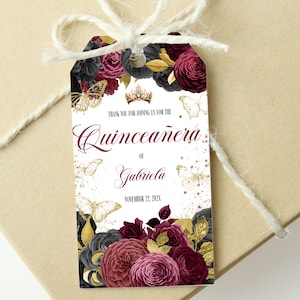 Editable Burgundy Black Quinceanera Favor Tags Gold Butterflies XV Mis Quince Anos Burgundy Gold Elegant Thank You Tags for Guests ID104