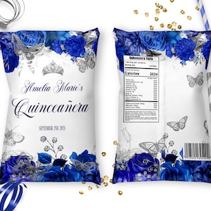 May include: Blue and silver favour bags with a floral design and butterflies. The front of the bag says "Amelia Marie's Quinceañera" and the date "September 25th, 2023". The back of the bag has a nutritional facts label.