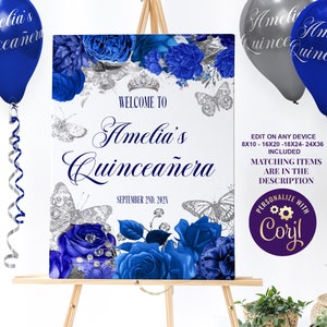 Cartello di benvenuto Royal Blue Quinceanera Rose floreali blu e farfalle argento Modificabile Cartello per feste di mele cotogne Poster modificabile ID243