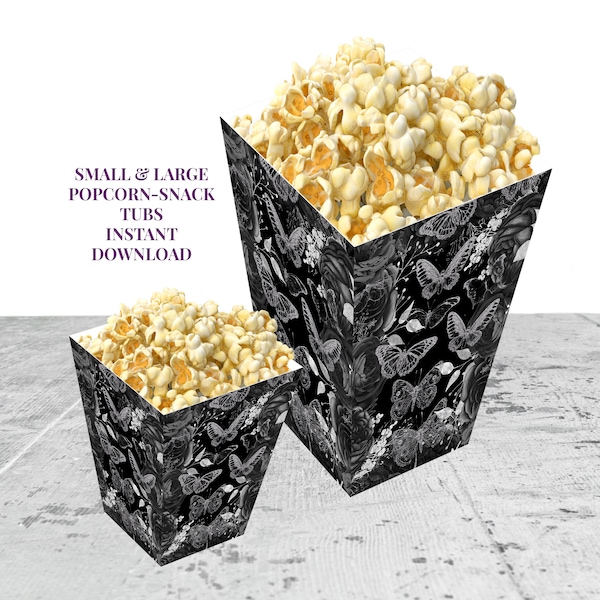 Black Floral Quinceanera Popcorn Favor Snack Box Template with Black Roses and Silver Butterflies Quince Party Decorations Downloads ID195