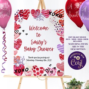 Panneau de bienvenue pour réception-cadeau pour bébé, saint-valentin, décorations pour réception-cadeau pour bébé, petite chérie, signe en forme de cœur en aquarelle modifiable, ID263