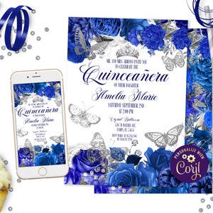 Inviti Quinceanera blu reale Rose blu e farfalle argento Modello invito Quinceanera digitale e invito Quinceanera dolce quindicesimo compleanno ID243