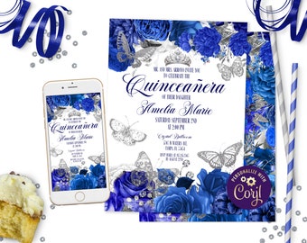 May include: A Quinceañera invitation with a blue and silver floral design. The invitation features butterflies, a crown, and the text "Quinceañera" and "Amelia Marie".
