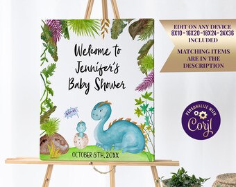 Könnte beinhalten: Willkommen zur Babyparty von Jennifer Schild mit einer grünen, blauen und braunen Dinosaurier-Illustration. Das Schild lautet "Willkommen zur Babyparty von Jennifer" und "8. Oktober 20XX".