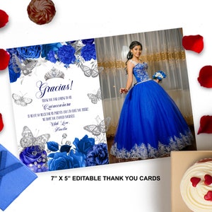 Foto modificabile di Quinceanera in blu reale Biglietti di ringraziamento con rose blu e farfalle d'argento Note di mele cotogne Gracias Festa del 15° compleanno ID243