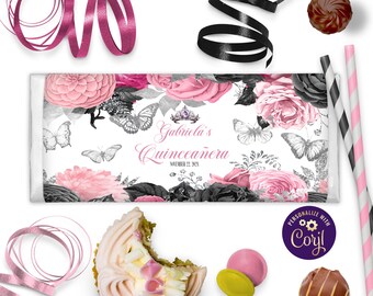 Rosa und Schwarze Blumen Quinceanera Schokoriegel Wrappers Silber Schmetterlinge Quitte Bearbeitbar Hershey's Bar XV Rosa Schwarz 15th Birthday ID279