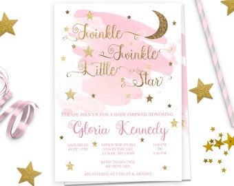 Twinkle Twinkle Little Star Baby Shower Invitation Girl, Editable, Digital Download, Instant Download, Corjl, ID155