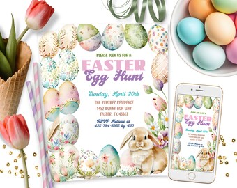 Editable Easter Egg Hunt Invitation Painted Eggs and Easter Bunny Editable Invite Easter Party Birthday Evite Template Corjl Download ID277