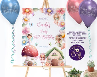Fairy First Birthday Welcome Signs Fairy 1st Birthday Enchanted Fairies Garden Party Poster Fairy First Birthday Decorations ID196