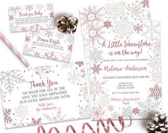 A Little Snowflake is on the Way Invitations Winter Wonderland Baby Shower Bundle Pink Silver Girls Baby its Cold Outside, ID207