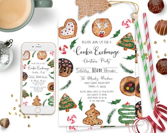 Puede incluir: Una invitación digital e impresa para un intercambio de galletas de Navidad. La invitación presenta un diseño de acuarela con galletas, bastones de caramelo y árboles de Navidad. El texto de la invitación dice: "Únase a nosotros para un intercambio de galletas de Navidad, sábado 18 de diciembre, La residencia Mendez, 2452 Cookie Dough Way, Tampa, FL 36526. Por favor, traiga copias de sus recetas y galletas para compartir. RSVP Marie antes de las 12:11 al 121-451-1895."
