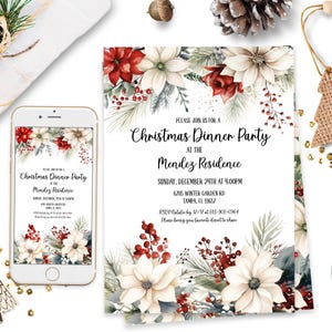 Editable Poinsettia Christmas Party Invitation Xmas Invitation Holiday Evite Classy Christmas Gift Exchange Party Family Gathering ID257 image 1