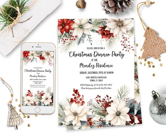 Editable Poinsettia Christmas Party Invitation Xmas Invitation Holiday Evite Classy Christmas Gift Exchange Party Family Gathering ID257