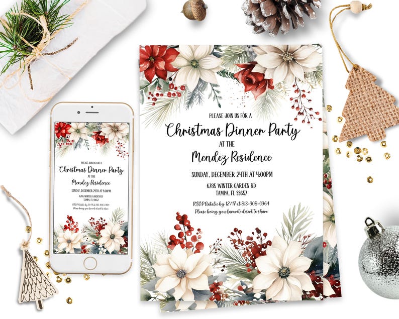 Editable Poinsettia Christmas Party Invitation Xmas Invitation Holiday Evite Classy Christmas Gift Exchange Party Family Gathering ID257 image 1