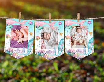 Banner fotografico mensile a tema sirena modificabile, decorazioni per la festa del primo compleanno a tema sirena, banner di 12 mesi, banner fotografico personalizzato per il primo anno, decorazioni ID101