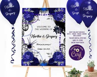 Gothic Wedding Welcome Sign Blue Floral Goth Wedding Decor Witch Wedding Welcome Board Goth Wedding Ceremony Guest Greeting Sign  ID190