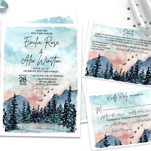 Mountain Scene Wedding Invitations Forest Wedding Invitation Set Mountain Wedding Woodland Wedding Invites Fall Wedding Invitations, ID184