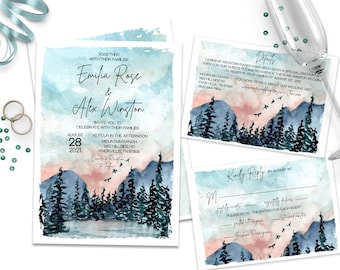Mountain Scene Wedding Invitations Forest Wedding Invitation Set Mountain Wedding Woodland Wedding Invites Fall Wedding Invitations, ID184