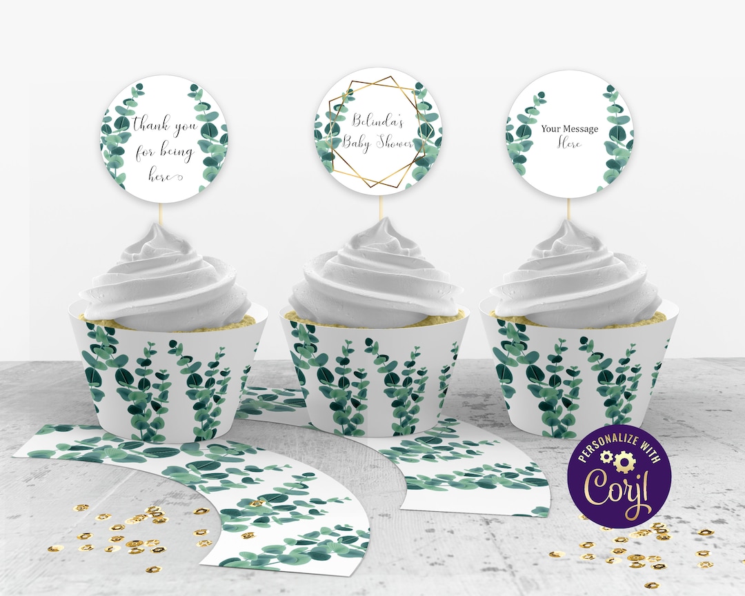 Greenery Cupcake Toppers and Cupcake Wrappers, Eucalyptus Baby Shower ...