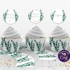 Greenery Cupcake Toppers and Cupcake Wrappers, Eucalyptus Baby Shower, Editable Toppers, Instant Download, ID156