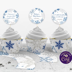 Editable Snowflake Cupcake Toppers and Wrappers Blue Winter Wonderland Baby Shower Boy Template Download, ID206