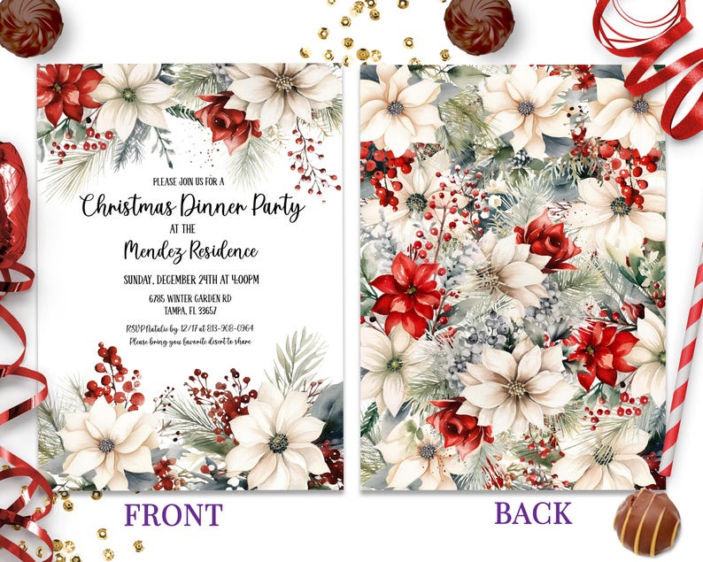 Editable Poinsettia Christmas Party Invitation Xmas Invitation Holiday Evite Classy Christmas Gift Exchange Party Family Gathering ID257 image 2