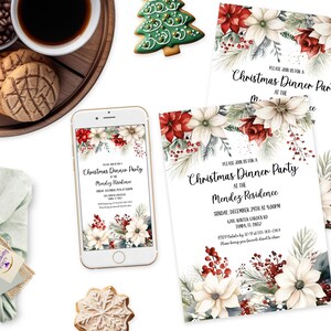 Editable Poinsettia Christmas Party Invitation Xmas Invitation Holiday Evite Classy Christmas Gift Exchange Party Family Gathering ID257 image 4