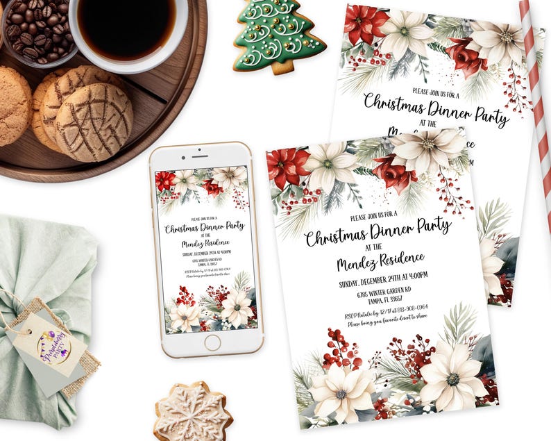 Editable Poinsettia Christmas Party Invitation Xmas Invitation Holiday Evite Classy Christmas Gift Exchange Party Family Gathering ID257 image 4