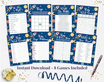 May include: A set of eight printable baby shower games with a space theme. The games include: The Price is Right, Bingo, Would She Rather, Baby Word Search, Baby Word Scramble, Emoji Pictionary, Baby A B C's Game, and What's in Your Purse? The games are printed on a blue background with stars, planets, and rockets.