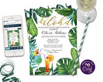 Hawaiian Bridal Shower Invitation, Summer Bridal Shower Invitation, Tropical Bridal Shower Invitation, ID175