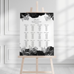 May include: Black and white seating chart with floral and butterfly accents. The chart is titled "Amelia's Quinceañera" and lists table numbers and guest names.